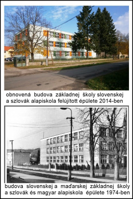 Základná škola v Plášťovciach v roku 1974 a 2014.jpg